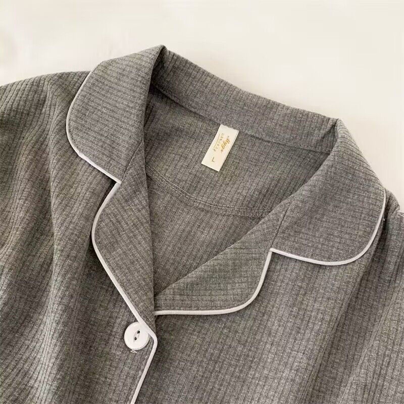 Bộ Đồ Ngủ Hai Mảnh Áo Cardigan Tay Dài Màu Xám Đơn Giản Dễ Thương Dành Cho Bạn Nữ Mặc Ở Nhà