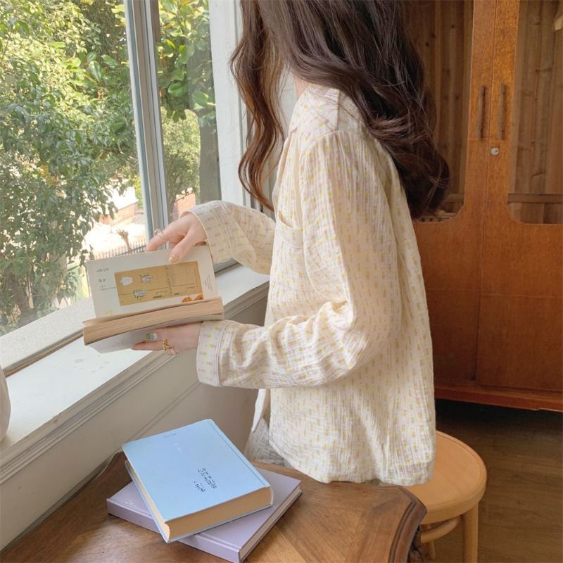 Bộ Đồ Ngủ Cotton Tay Dài In Họa Tiết Caro Dễ Thương Thời Trang Xuân Thu Cho Nữ