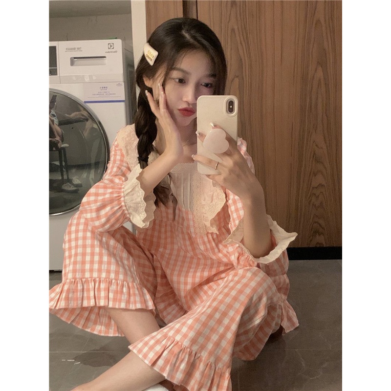 Bộ Đồ Ngủ Tay Dài Dáng Rộng In Họa Tiết Caro Dễ Thương Thời Trang Xuân Thu Cho Nữ