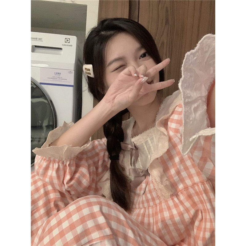 Bộ Đồ Ngủ Tay Dài Dáng Rộng In Họa Tiết Caro Dễ Thương Thời Trang Xuân Thu Cho Nữ