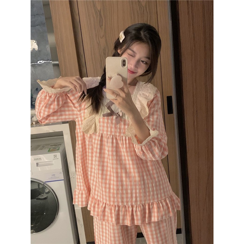 Bộ Đồ Ngủ Tay Dài Dáng Rộng In Họa Tiết Caro Dễ Thương Thời Trang Xuân Thu Cho Nữ