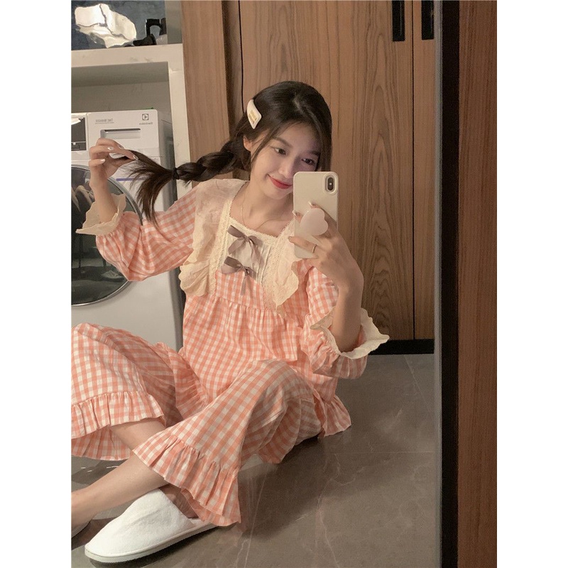 Bộ Đồ Ngủ Tay Dài Dáng Rộng In Họa Tiết Caro Dễ Thương Thời Trang Xuân Thu Cho Nữ