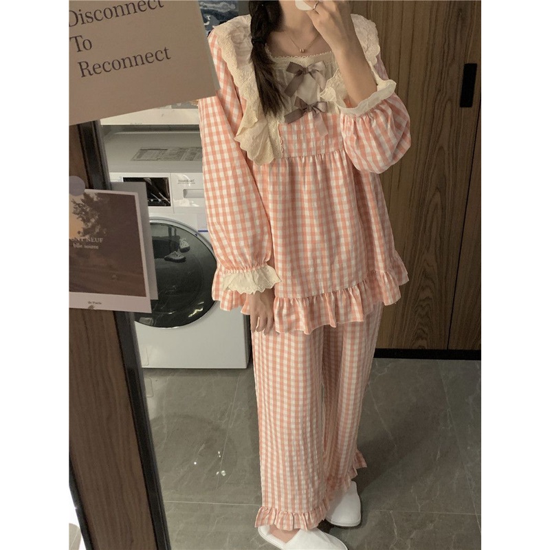 Bộ Đồ Ngủ Tay Dài Dáng Rộng In Họa Tiết Caro Dễ Thương Thời Trang Xuân Thu Cho Nữ