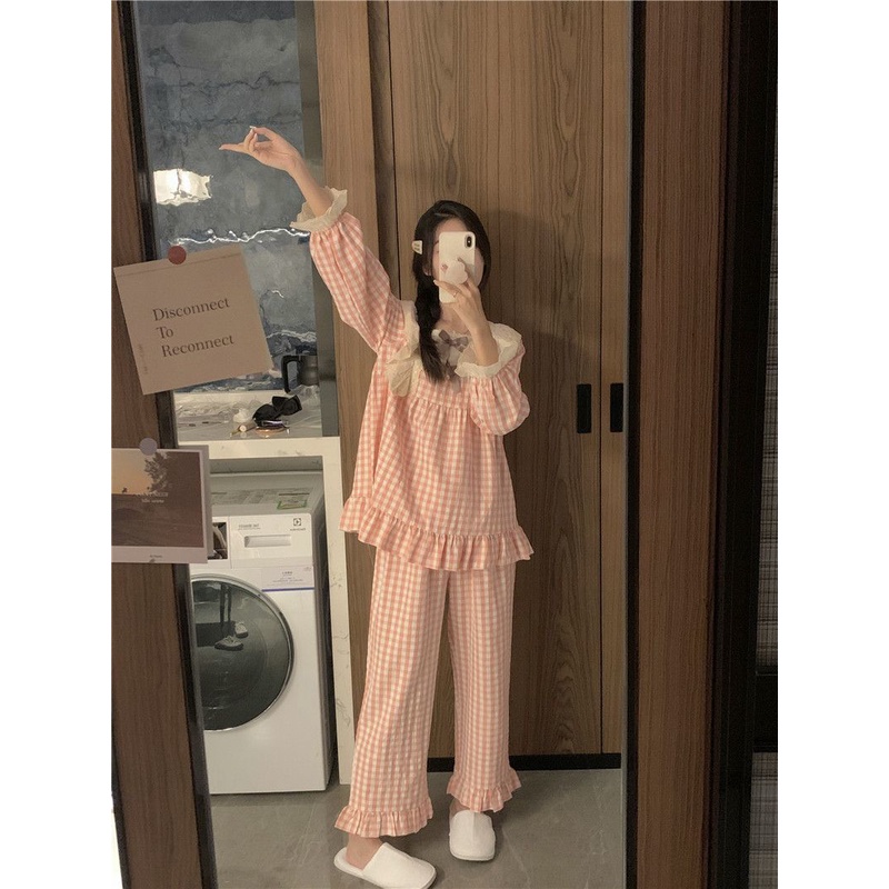 Bộ Đồ Ngủ Tay Dài Dáng Rộng In Họa Tiết Caro Dễ Thương Thời Trang Xuân Thu Cho Nữ