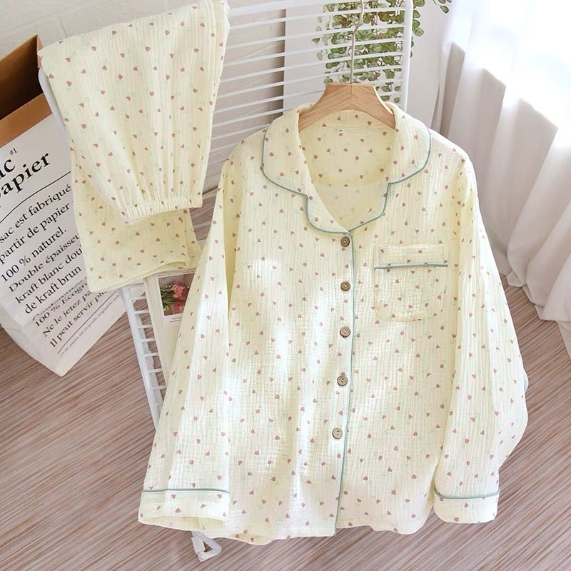 Bộ Đồ Ngủ Tay Dài Dáng Rộng In Họa Tiết Trái Tim Đơn Giản Thời Trang Xuân Hè Xinh Xắn Cho Nữ