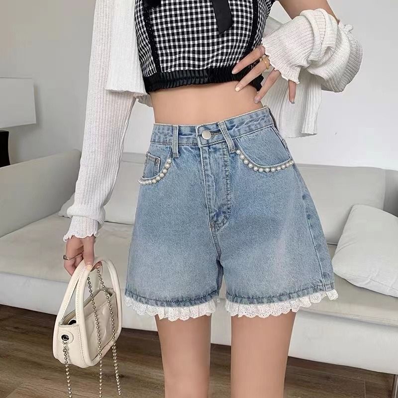 Jiashucheng Quần Short Denim Chữ A Lưng Cao Ống Rộng Đính Hạt Phối Ren Thời Trang Mùa Hè 2023 Cho Nữ xs