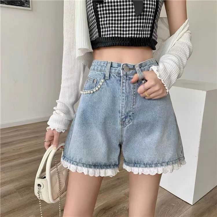 Jiashucheng Quần Short Denim Chữ A Lưng Cao Ống Rộng Đính Hạt Phối Ren Thời Trang Mùa Hè 2023 Cho Nữ xs