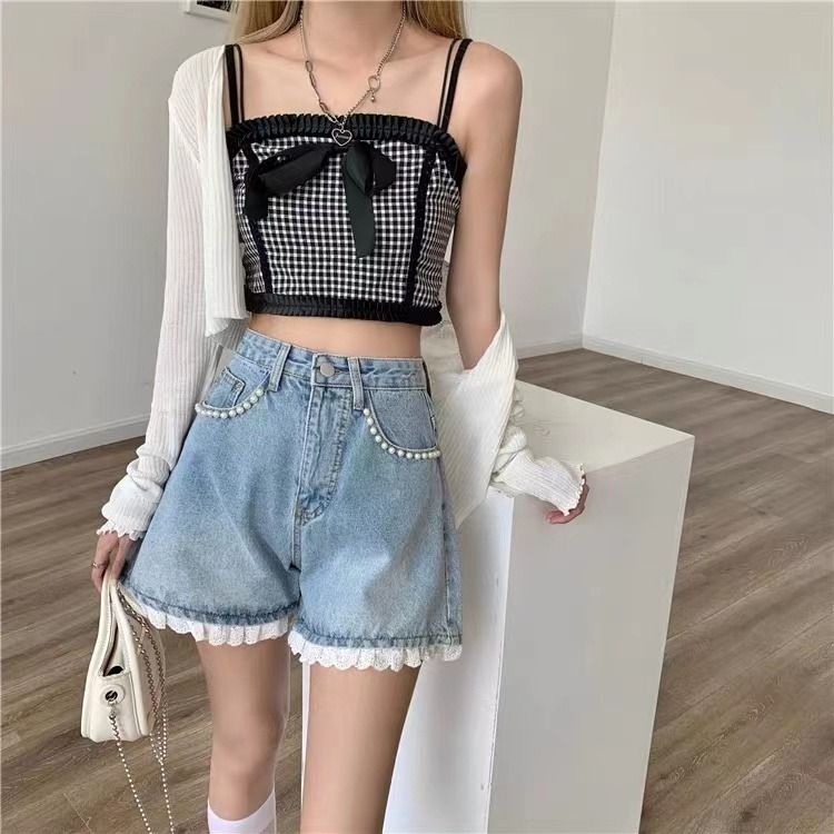 Jiashucheng Quần Short Denim Chữ A Lưng Cao Ống Rộng Đính Hạt Phối Ren Thời Trang Mùa Hè 2023 Cho Nữ xs