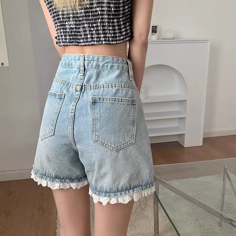 Jiashucheng Quần Short Denim Chữ A Lưng Cao Ống Rộng Đính Hạt Phối Ren Thời Trang Mùa Hè 2023 Cho Nữ xs