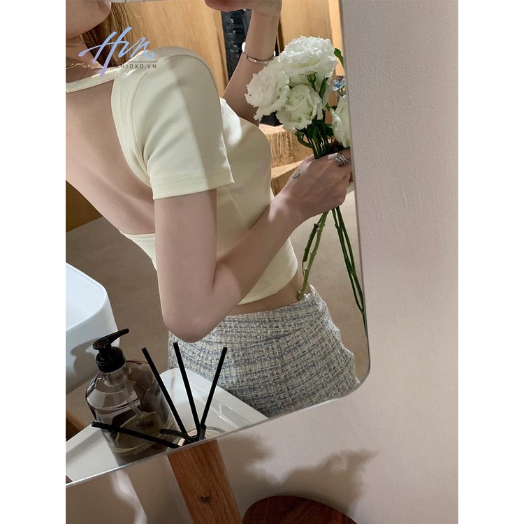 Áo Thun Cổ Chữ U Dáng Ôm Ngắn Hai Màu Sắc Đơn Giản Dễ Phối Đồ