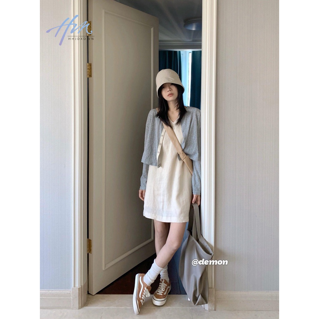 Đầm Ren Ngắn Không Tay Thiết Kế Đơn Giản Phong Cách Pháp Mới + Áo Khoác Cardigan Thời Trang Mùa Hè Cho Nữ