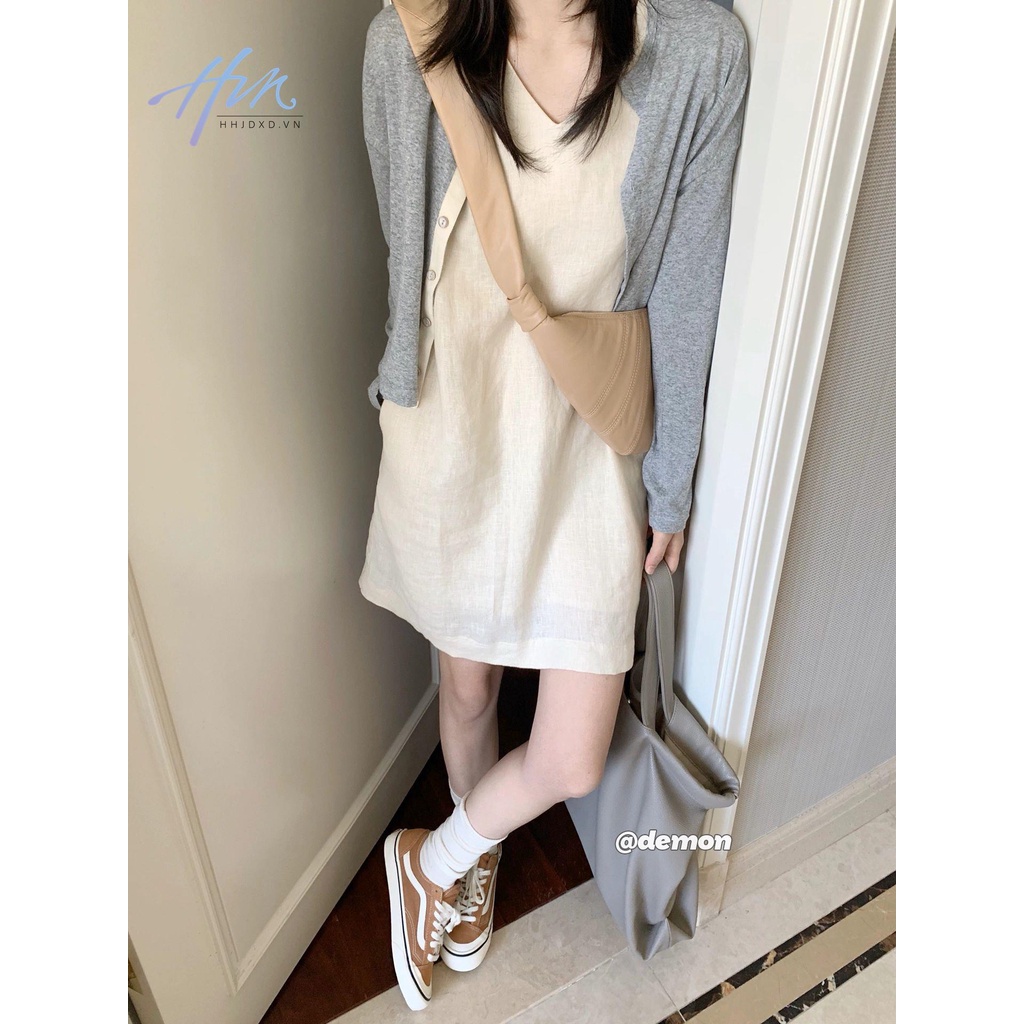 Đầm Ren Ngắn Không Tay Thiết Kế Đơn Giản Phong Cách Pháp Mới + Áo Khoác Cardigan Thời Trang Mùa Hè Cho Nữ