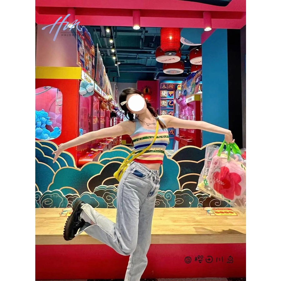 Sakurada Kawashima Áo Hai Dây Ngắn Kẻ Sọc Màu Tương Phản Gợi Cảm Phong Cách Retro Pháp Mùa Hè Cho Nữ