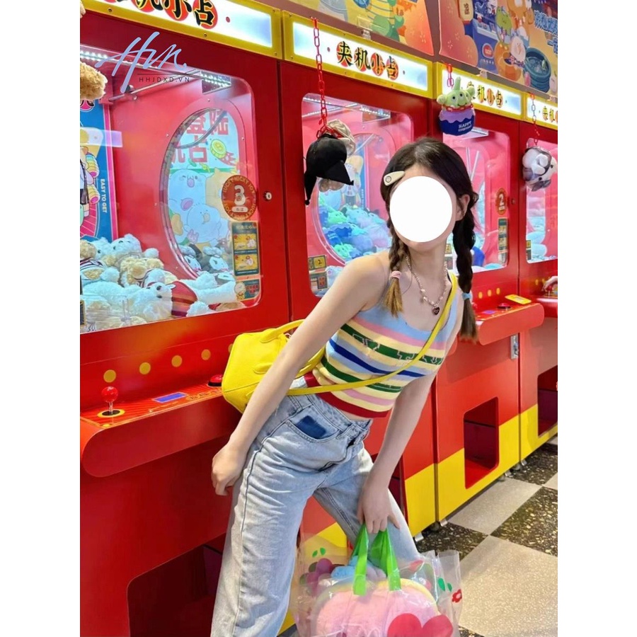 Sakurada Kawashima Áo Hai Dây Ngắn Kẻ Sọc Màu Tương Phản Gợi Cảm Phong Cách Retro Pháp Mùa Hè Cho Nữ