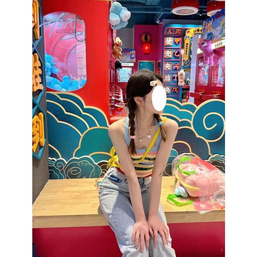 Sakurada Kawashima Áo Hai Dây Ngắn Kẻ Sọc Màu Tương Phản Gợi Cảm Phong Cách Retro Pháp Mùa Hè Cho Nữ