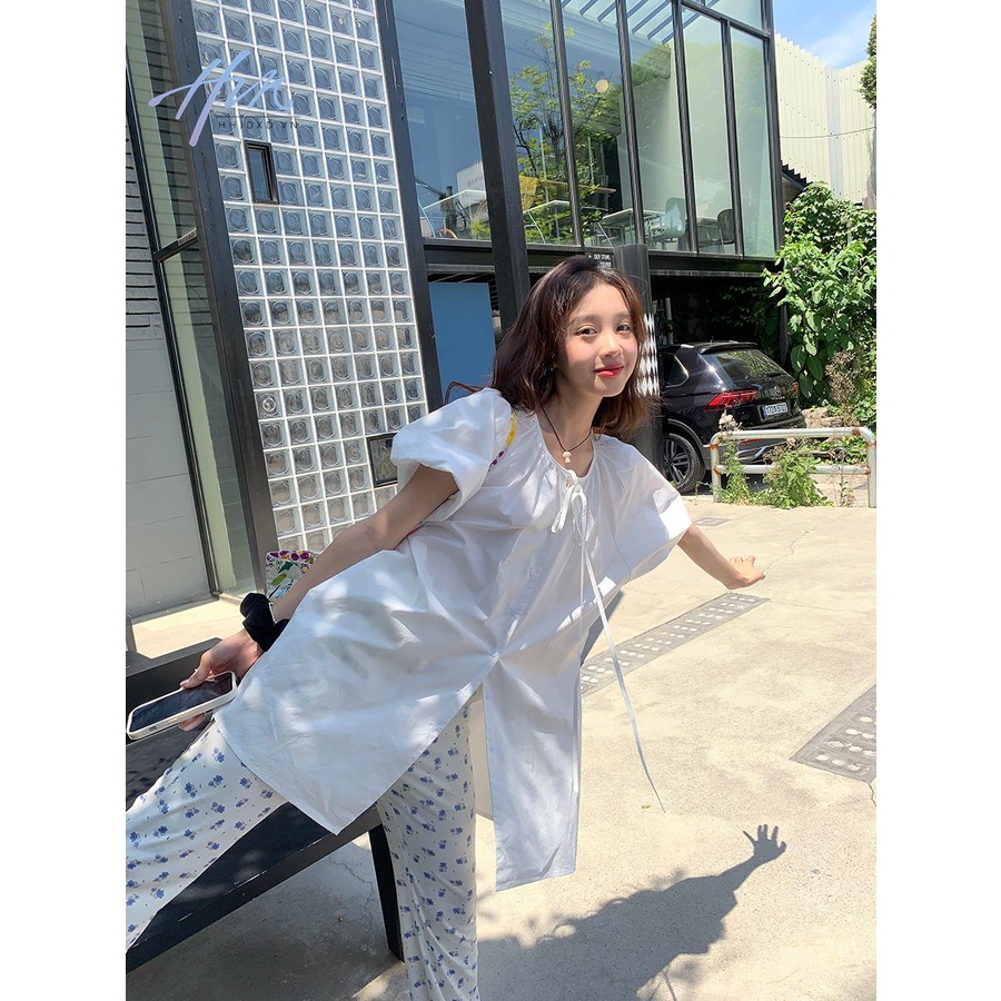 Áo Kiểu Tay Phồng Ngắn Phối Dây Buộc Thời Trang Mùa Hè Xinh Xắn Cho Nữ