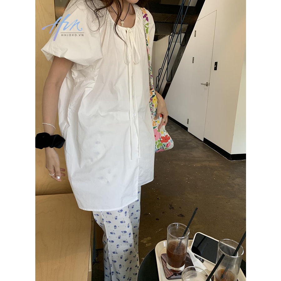 Áo Kiểu Tay Phồng Ngắn Phối Dây Buộc Thời Trang Mùa Hè Xinh Xắn Cho Nữ