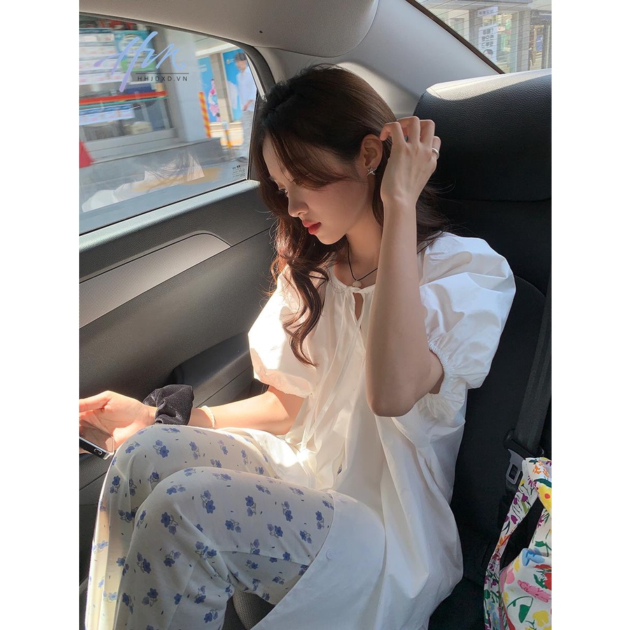 Áo Kiểu Tay Phồng Ngắn Phối Dây Buộc Thời Trang Mùa Hè Xinh Xắn Cho Nữ