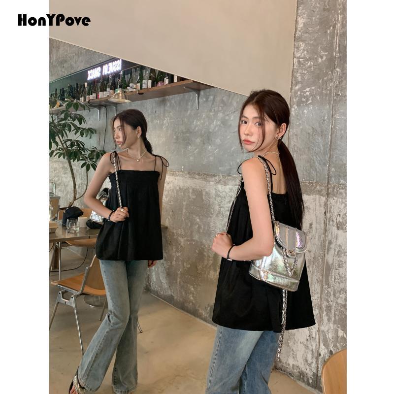 Honypove Áo Hai Dây Mùa Hè Dáng Suông Không Tay Có Diềm Xếp Nếp Lệch Vai Phong Cách Desire