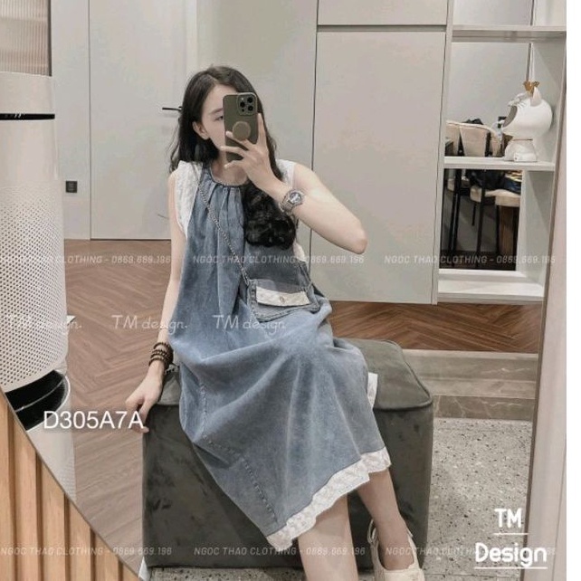 Váy Bò Suông Sát Nách Phối Viền Ren ,Đầm Ba Lỗ Suông Phối Đáp Ren Nổi Chất Bò Dày Dặn ,Hàng Loại 1