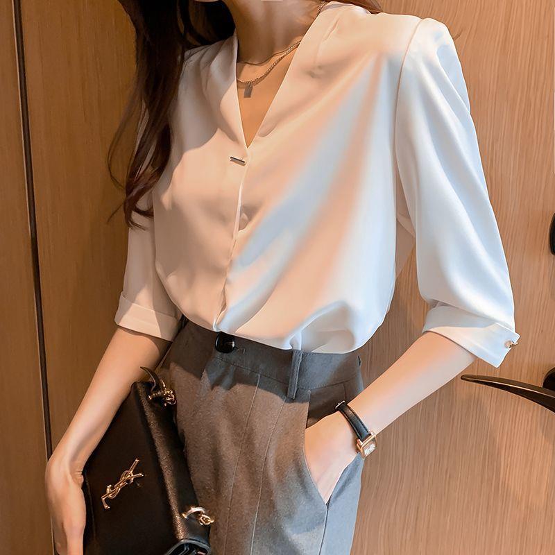 Goouliu Áo Sơ Mi chiffon Cổ Chữ v Cao Cấp Thời Trang Mùa Hè Cho Nữ
