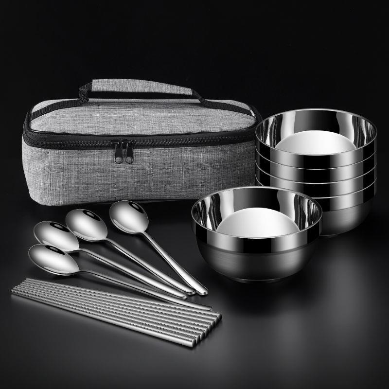 ❉♣❡Bát Inox 304 Đũa Muỗng Bộ Đồ Ăn Du Lịch Di Động Hộ Gia Đình Bữa Ăn Đơn Bát Mì Bát Bảo Quản Túi Đựng Bát