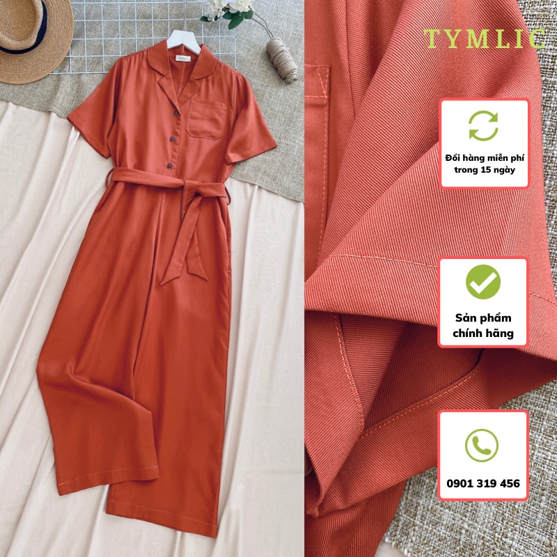 Jumpsuit Ngắn Tay Cổ Vest Quần Ống Rộng Màu Cam Đất TYMLIC