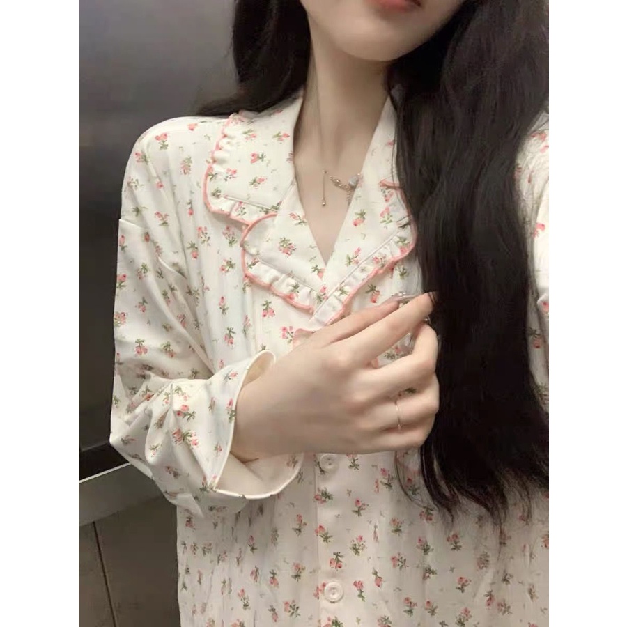 Bộ Đồ Ngủ Tay Dài Nhún Bèo In Họa Tiết Hoa Xinh Xắn Thời Trang Xuân Thu Chất Lượng Cao Cho Nữ