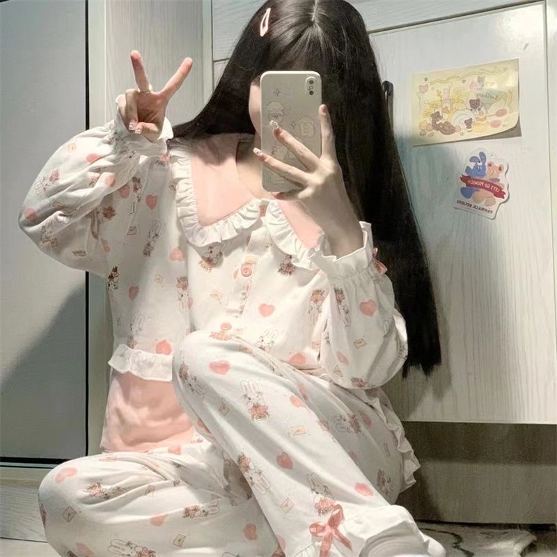 Bộ Đồ Ngủ Tay Dài Cổ Búp Bê Họa Tiết Thỏ Hoạt Hình Dễ Thương Thời Trang Xuân Thu Cho Nữ