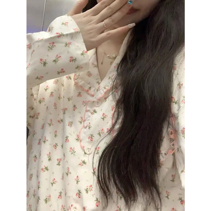 Bộ Đồ Ngủ Tay Dài Nhún Bèo In Họa Tiết Hoa Xinh Xắn Thời Trang Xuân Thu Chất Lượng Cao Cho Nữ