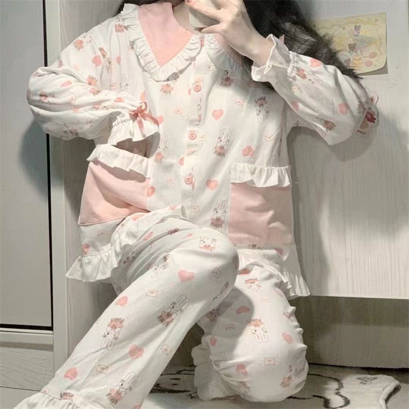 Bộ Đồ Ngủ Tay Dài Cổ Búp Bê Họa Tiết Thỏ Hoạt Hình Dễ Thương Thời Trang Xuân Thu Cho Nữ