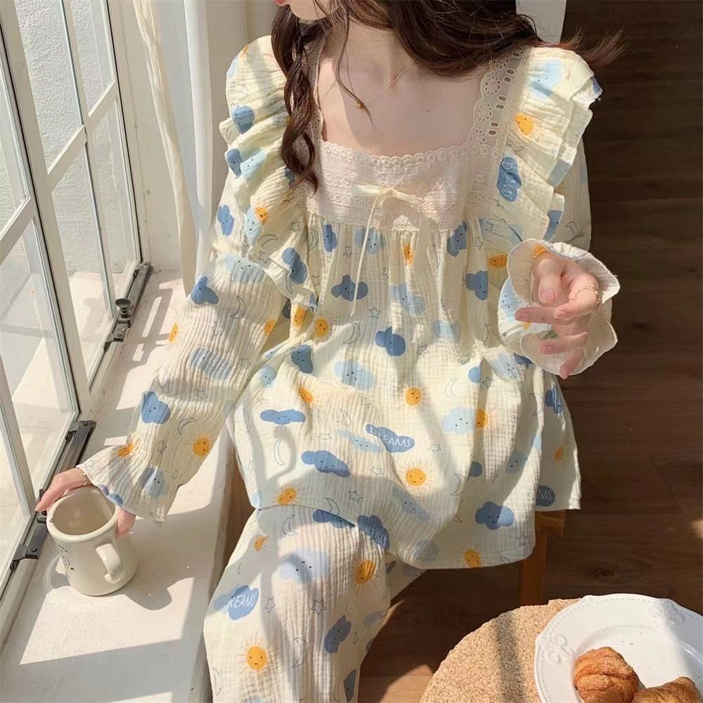 Bộ Đồ Ngủ Tay Dài Viền Ren Nhún Bèo Phong Cách Công Chúa Dễ Thương Thời Trang Xuân Thu Cho Nữ