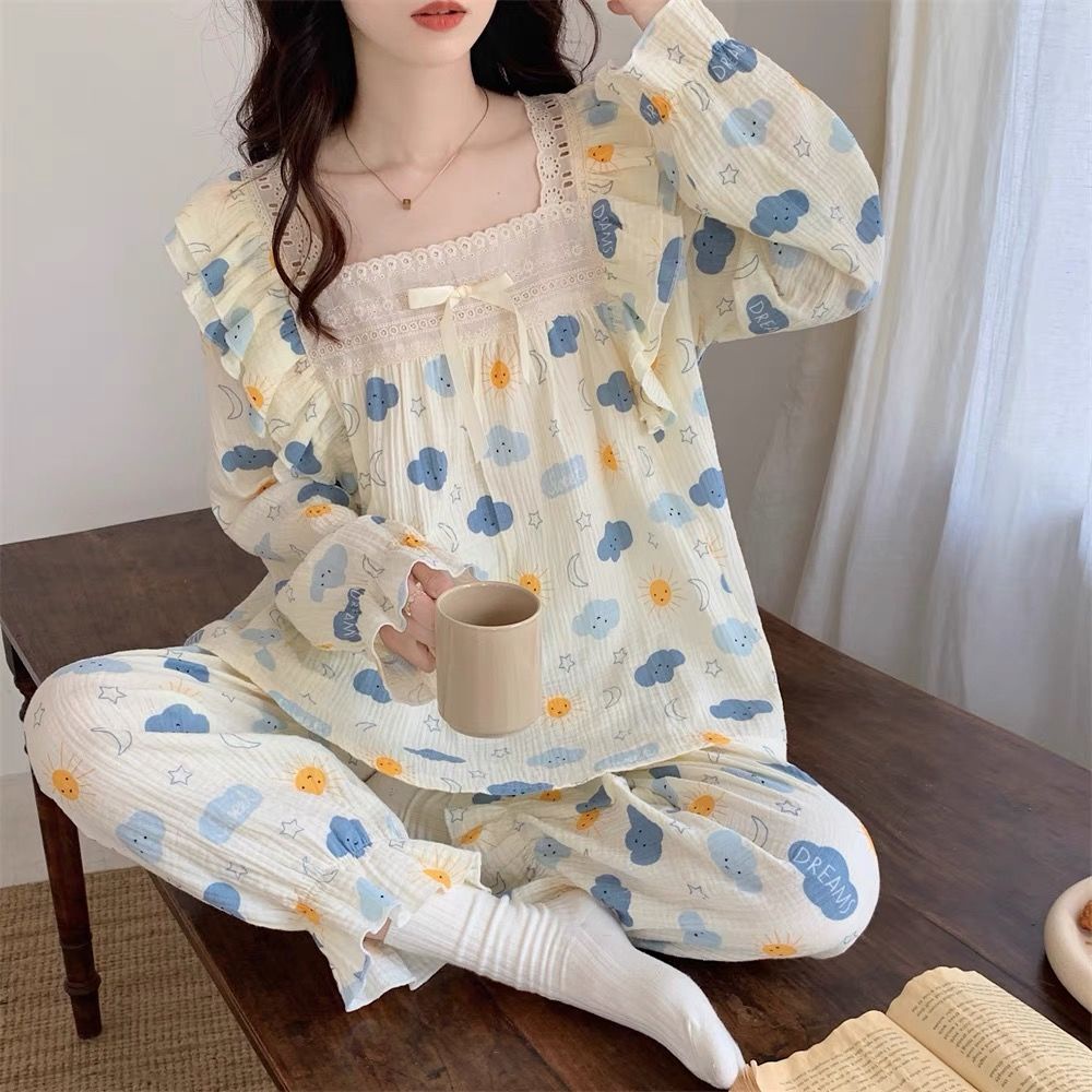 Bộ Đồ Ngủ Tay Dài Viền Ren Nhún Bèo Phong Cách Công Chúa Dễ Thương Thời Trang Xuân Thu Cho Nữ