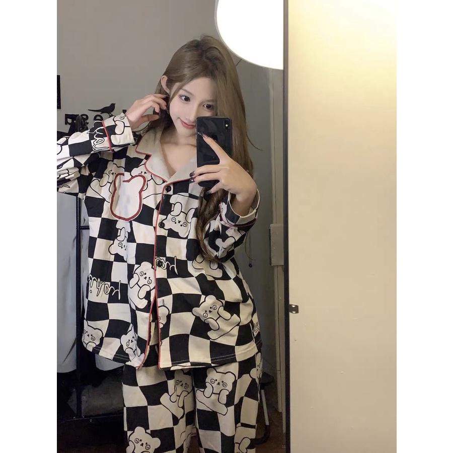 Jiashucheng Bộ Đồ Ngủ Tay Dài In Họa Tiết Gấu Hoạt Hình Dễ Thương Thời Trang Xuân Thu Cho Nữ