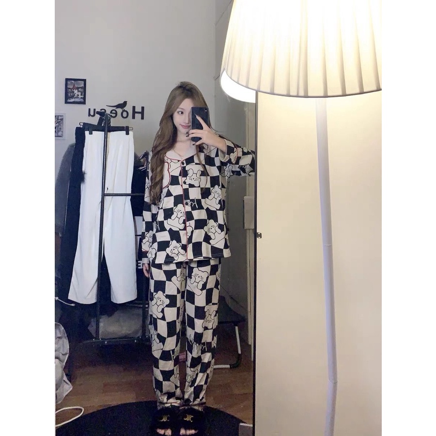 Jiashucheng Bộ Đồ Ngủ Tay Dài In Họa Tiết Gấu Hoạt Hình Dễ Thương Thời Trang Xuân Thu Cho Nữ