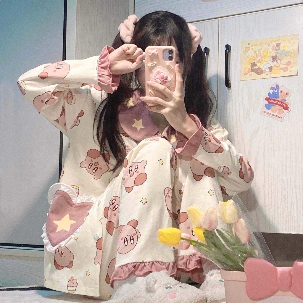 Bộ Đồ Ngủ Tay Dài In Họa Tiết Hoạt Hình Dễ Thương Thời Trang Xuân Thu Cho Nữ