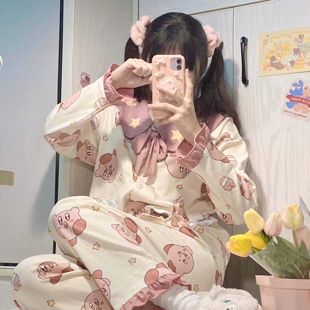 Bộ Đồ Ngủ Tay Dài In Họa Tiết Hoạt Hình Dễ Thương Thời Trang Xuân Thu Cho Nữ