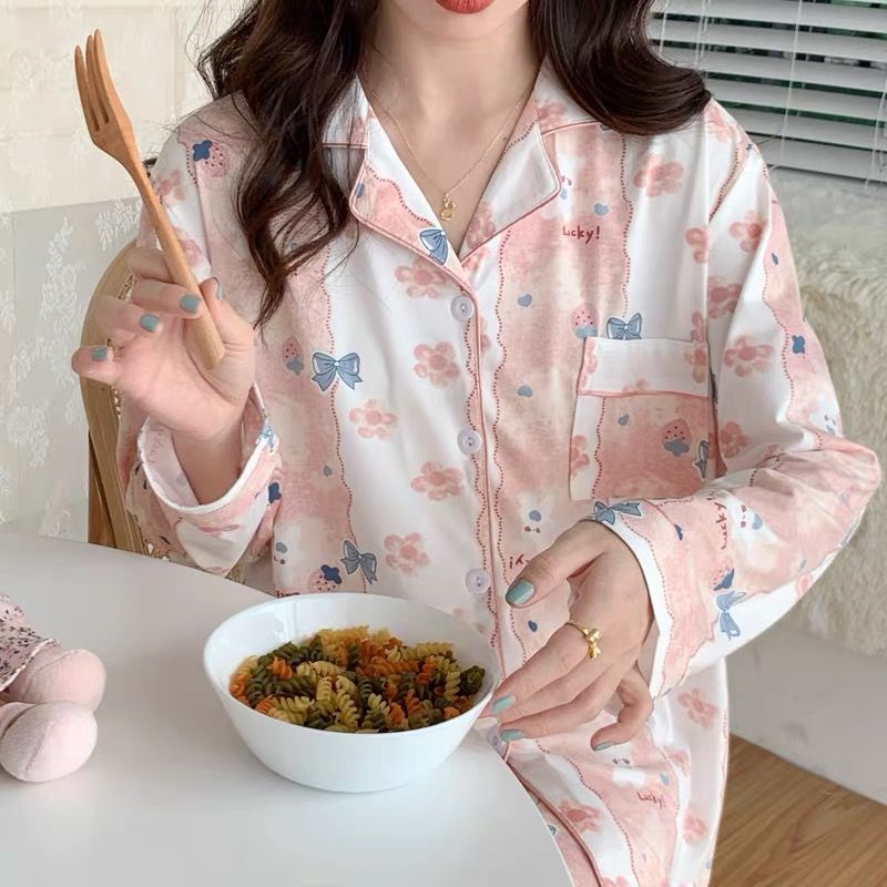 Bộ Đồ Ngủ Tay Dài Đính Nơ Phong Cách Công Chúa Dễ Thương Thời Trang Xuân Thu Cho Nữ