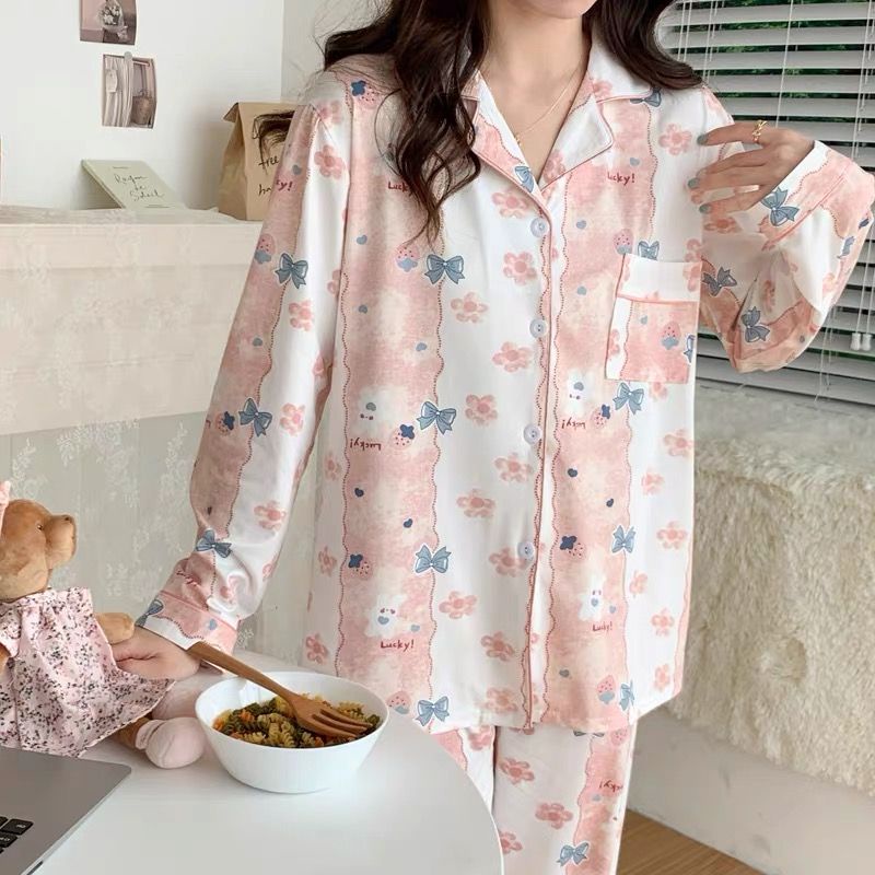 Bộ Đồ Ngủ Tay Dài Đính Nơ Phong Cách Công Chúa Dễ Thương Thời Trang Xuân Thu Cho Nữ