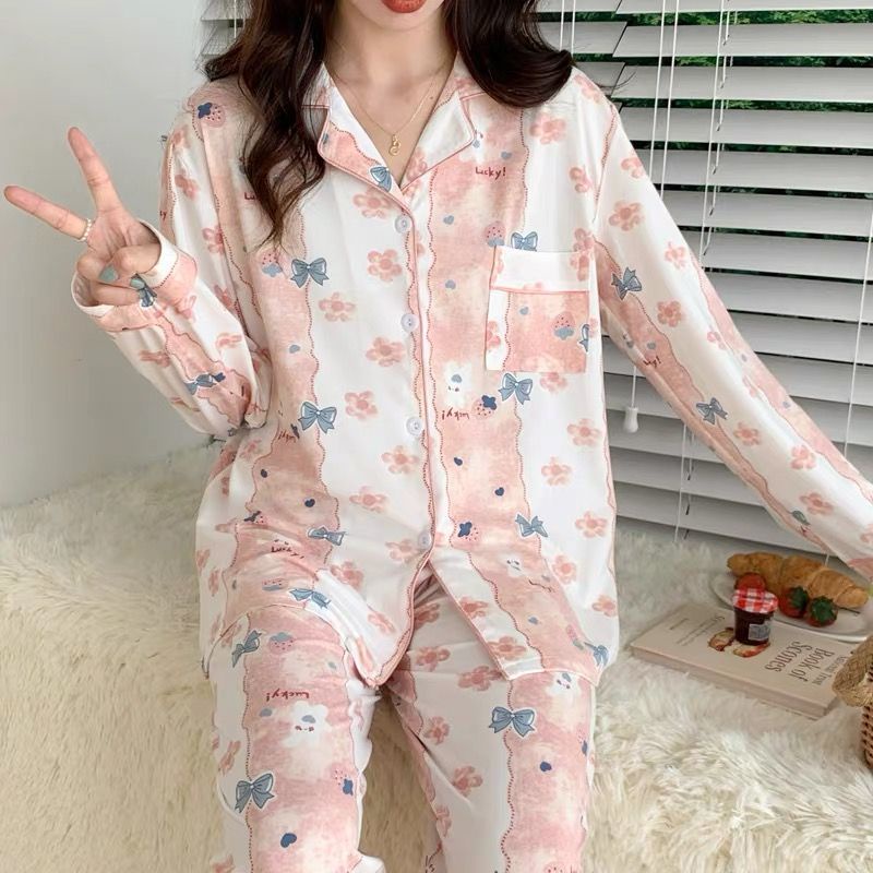 Bộ Đồ Ngủ Tay Dài Đính Nơ Phong Cách Công Chúa Dễ Thương Thời Trang Xuân Thu Cho Nữ