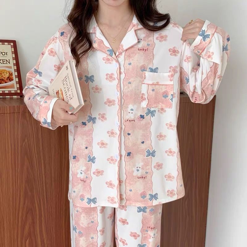 Bộ Đồ Ngủ Tay Dài Đính Nơ Phong Cách Công Chúa Dễ Thương Thời Trang Xuân Thu Cho Nữ