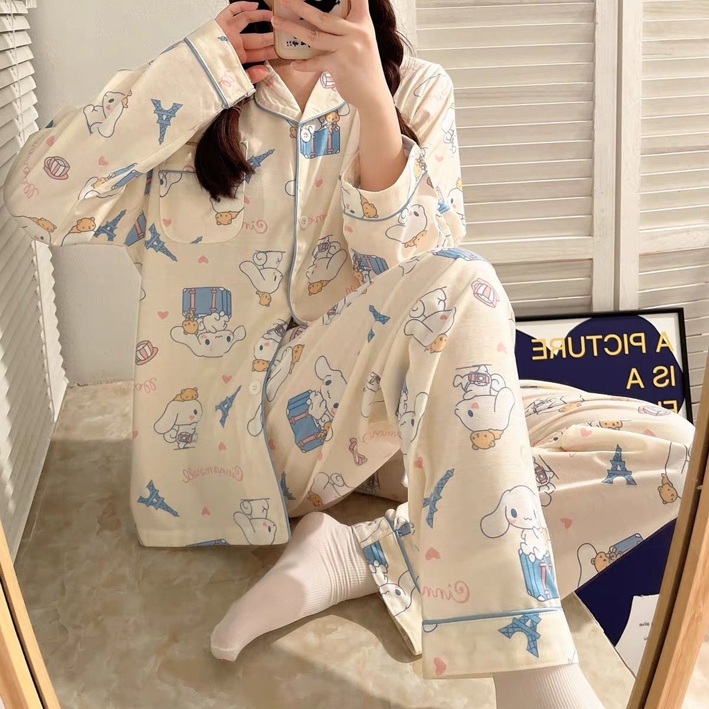 Bộ Đồ Ngủ Tay Dài In Họa Tiết Hoạt Hình Dễ Thương Thời Trang Xuân Thu Cho Nữ