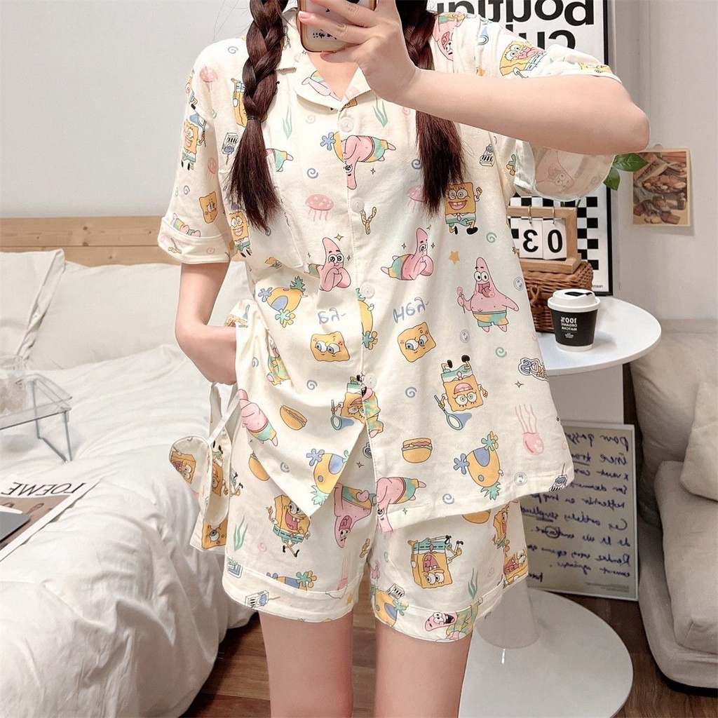 Bộ Đồ Ngủ Áo Ngắn Tay Phối Quần Short In Hoạt Hình Spongebob Thời Trang Mùa Hè Cho Nữ