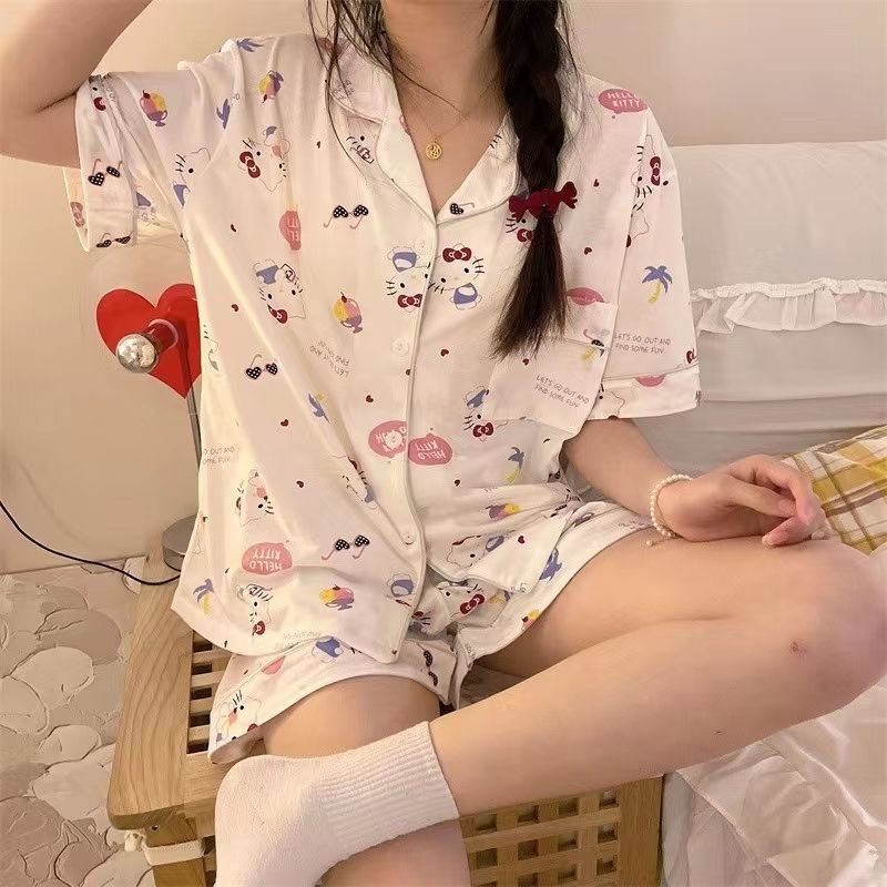 Bộ Đồ Ngủ Ngắn Tay Họa Tiết Hello Kitty Xinh Xắn Theo Phong Cách Mùa Hè Dành Cho Nữ