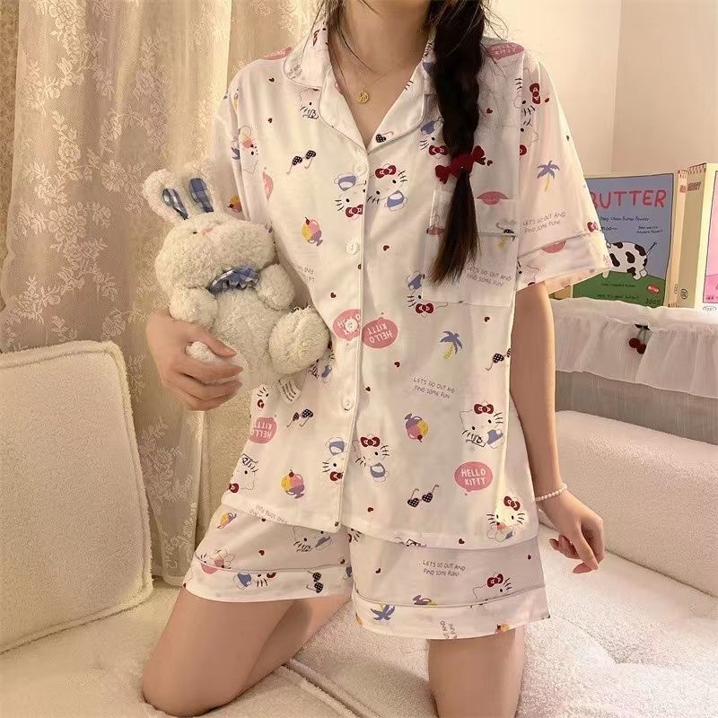 Bộ Đồ Ngủ Ngắn Tay Họa Tiết Hello Kitty Xinh Xắn Theo Phong Cách Mùa Hè Dành Cho Nữ