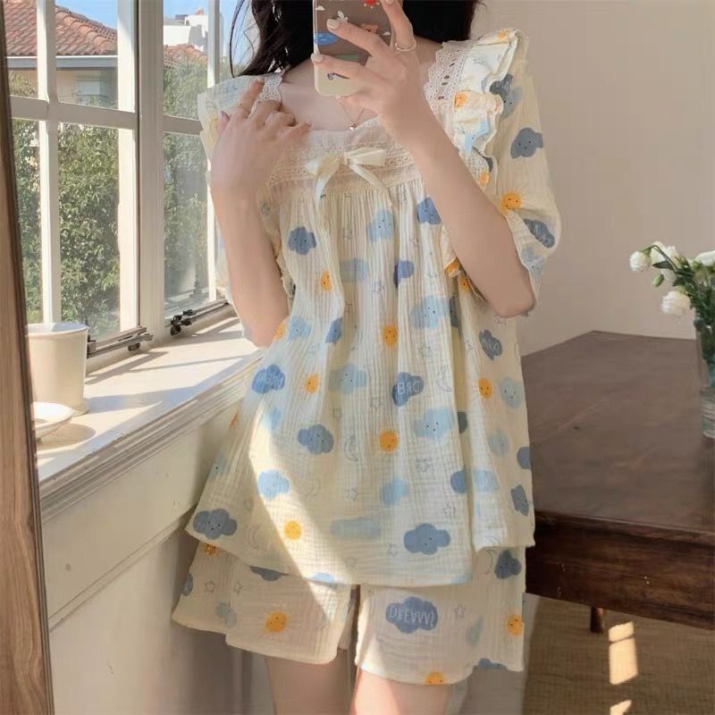 Bộ Đồ Ngủ Tay Ngắn Phối Ren Phong Cách Công Chúa Ngọt Ngào Thời Trang Mùa Hè Cho Nữ