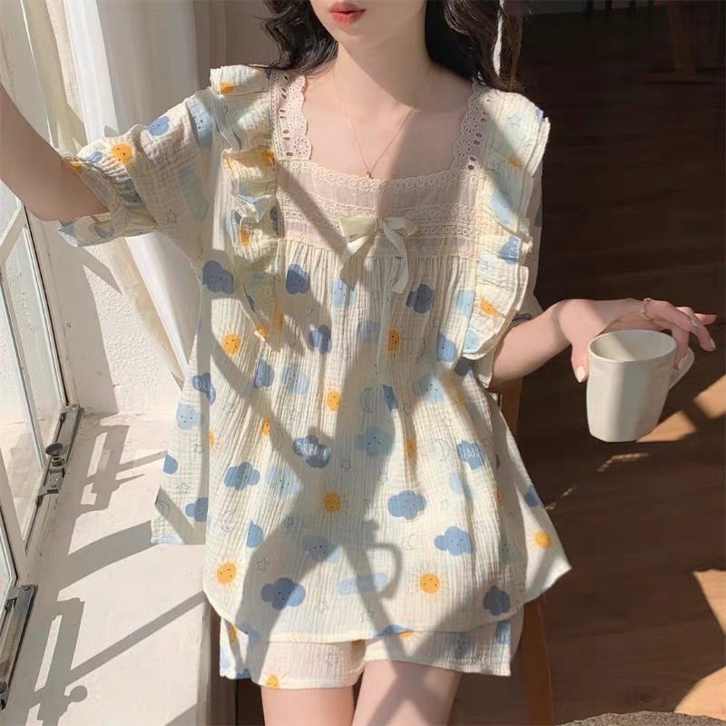 Bộ Đồ Ngủ Tay Ngắn Phối Ren Phong Cách Công Chúa Ngọt Ngào Thời Trang Mùa Hè Cho Nữ