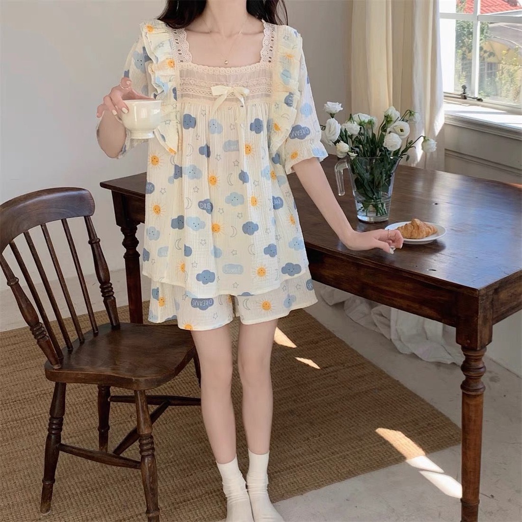 Bộ Đồ Ngủ Tay Ngắn Phối Ren Phong Cách Công Chúa Ngọt Ngào Thời Trang Mùa Hè Cho Nữ