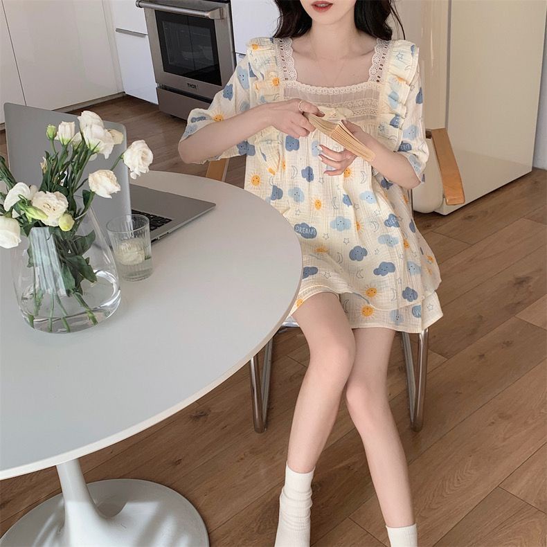 Bộ Đồ Ngủ Tay Ngắn Phối Ren Phong Cách Công Chúa Ngọt Ngào Thời Trang Mùa Hè Cho Nữ