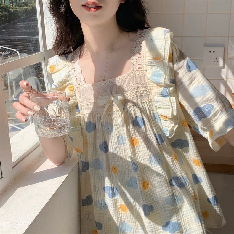 Bộ Đồ Ngủ Tay Ngắn Phối Ren Phong Cách Công Chúa Ngọt Ngào Thời Trang Mùa Hè Cho Nữ